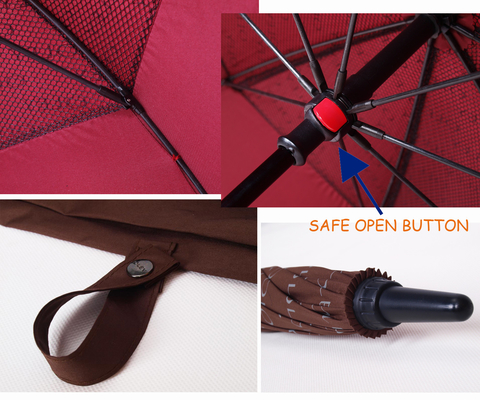Parapluie de golf auto-ouverte à double couche avec un poteau de fibre de verre mat noir et une poignée en caoutchouc