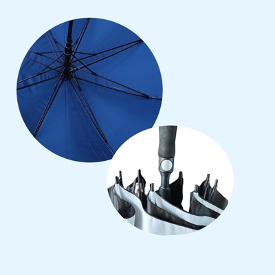 Des parapluies de golf en tissu Pongee de 190T avec revêtement argenté, côtes métalliques et cadre en fibre de verre