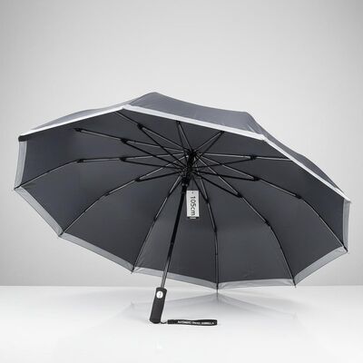Grand parapluie de voyage automatique avec un diamètre ouvert de 105 cm, des baleines en fibre de verre et une bordure réfléchissante