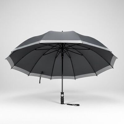 Grand parapluie de voyage automatique avec un diamètre ouvert de 105 cm, des baleines en fibre de verre et une bordure réfléchissante