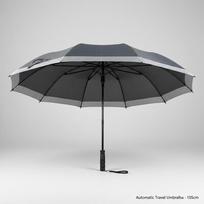 Grand parapluie de voyage automatique avec un diamètre ouvert de 105 cm, des baleines en fibre de verre et une bordure réfléchissante