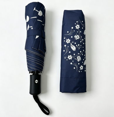 Parapluie automatique 3 plis bleu marine et blanc avec motif floral d'oiseaux, anti-UV, coupe-vent, soleil et pluie, parasol pour femmes, usage quotidien, voyage, extérieur, trajet domicile-travail