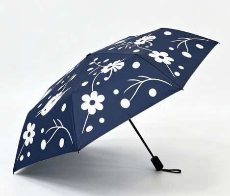 Parapluie automatique 3 plis bleu marine et blanc avec motif floral d'oiseaux, anti-UV, coupe-vent, soleil et pluie, parasol pour femmes, usage quotidien, voyage, extérieur, trajet domicile-travail