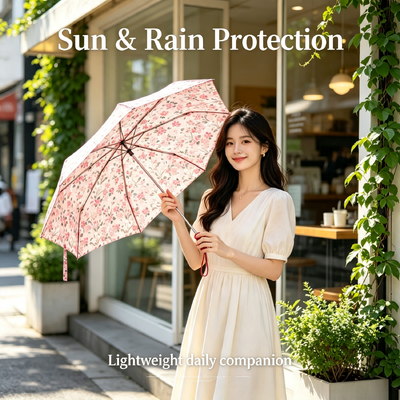 Customize Pink Portable Woman Floral Manual Three Folding Umbrella Travel Daily