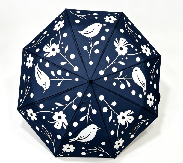 Parapluie automatique 3 plis bleu marine et blanc avec motif floral d'oiseaux, anti-UV, coupe-vent, soleil et pluie, parasol pour femmes, usage quotidien, voyage, extérieur, trajet domicile-travail